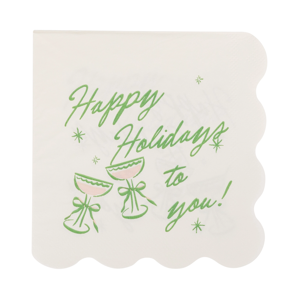 Cream cocktail napkin with a green and pink "Happy Holidays to you" design