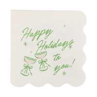Cream cocktail napkin with a green and pink "Happy Holidays to you" design