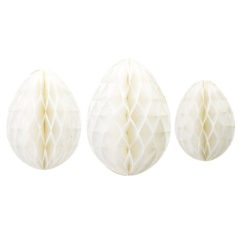 Set of three cream honeycomb Easter eggs with gold glitter edges in assorted sizes.