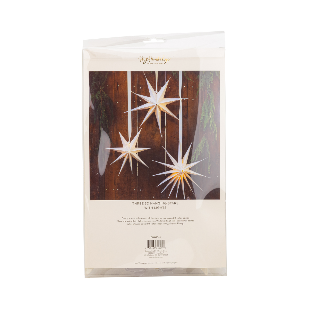 Packaging showing the three cream paper stars styled together.