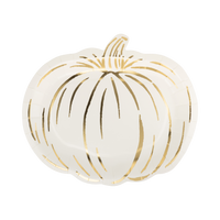 Cream pumpkin-shaped paper plate with gold foil accents on a white background, front view.