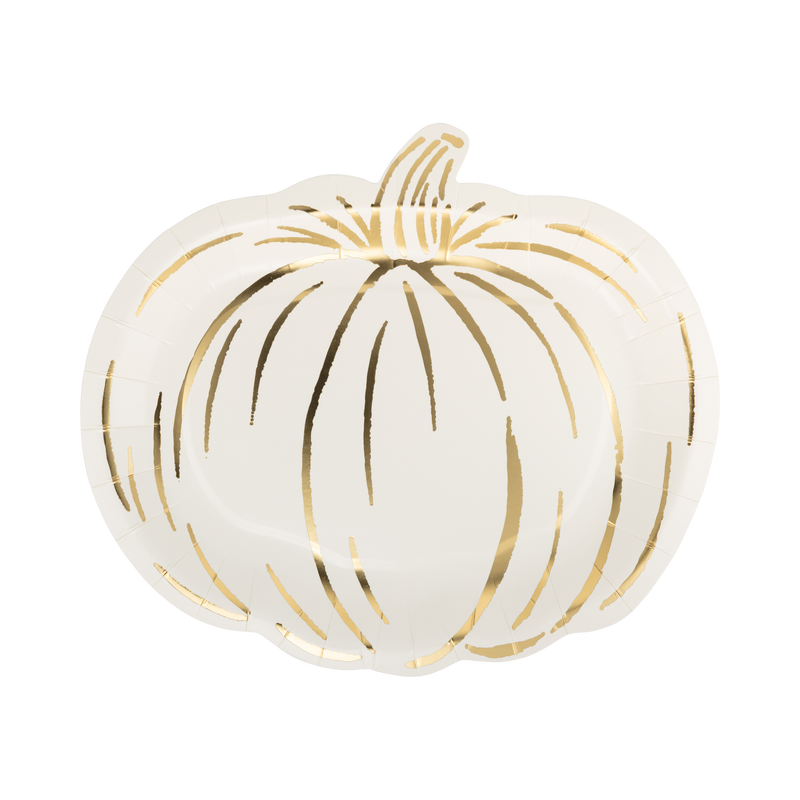 Cream pumpkin-shaped paper plate with gold foil accents on a white background, front view.