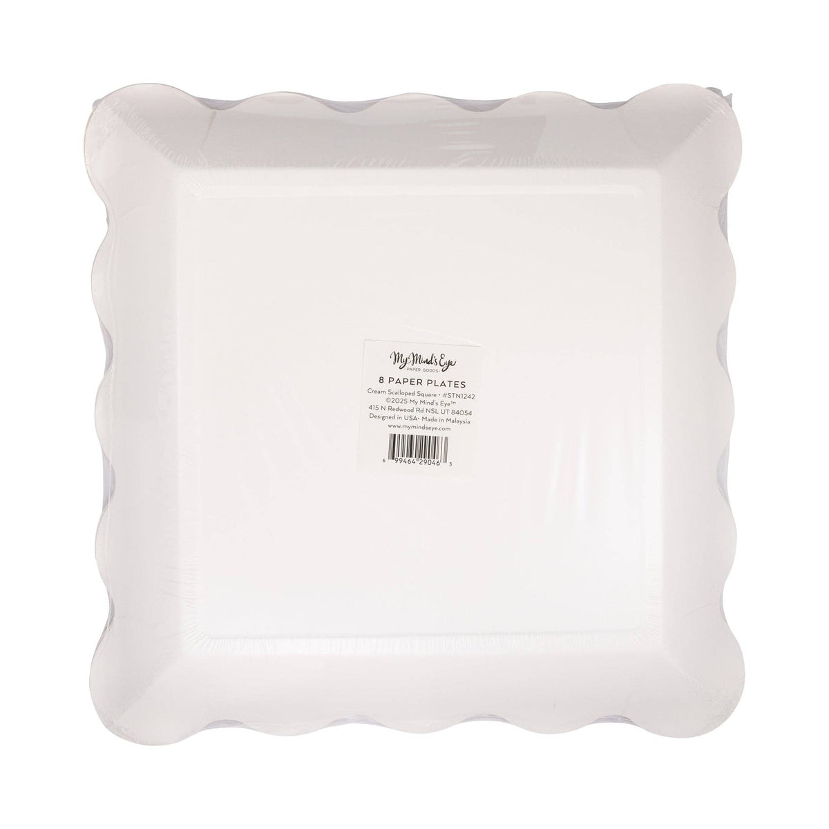 Back of cream scalloped plate pack showing barcode and 8-count label