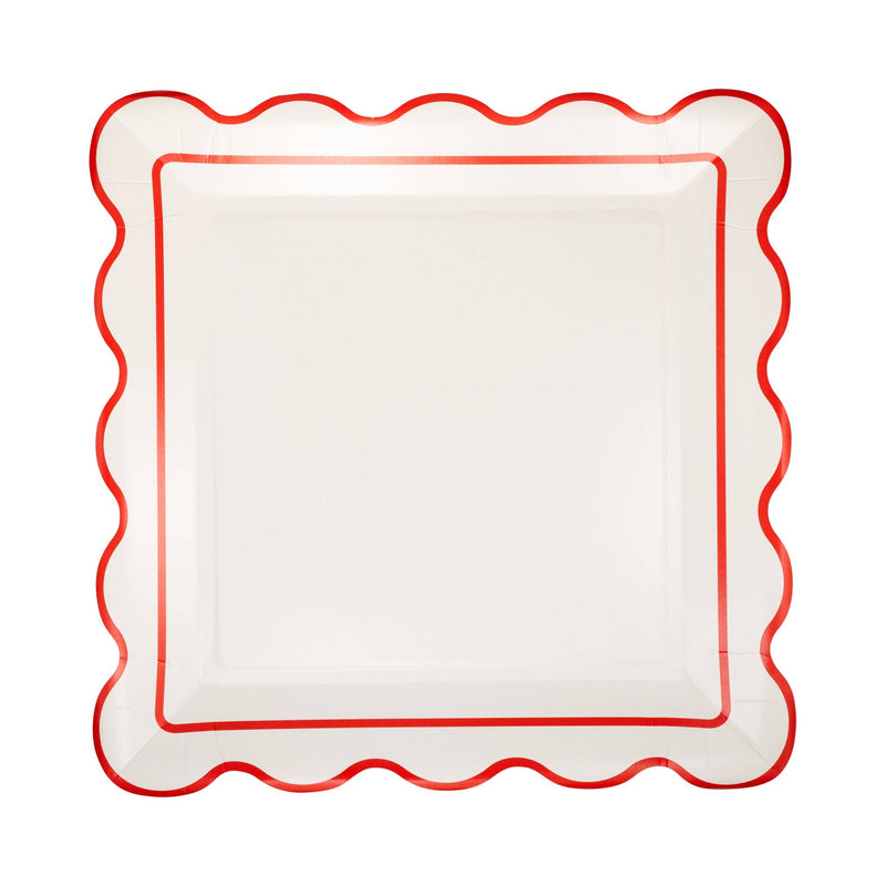 Cream square plate with red scalloped border