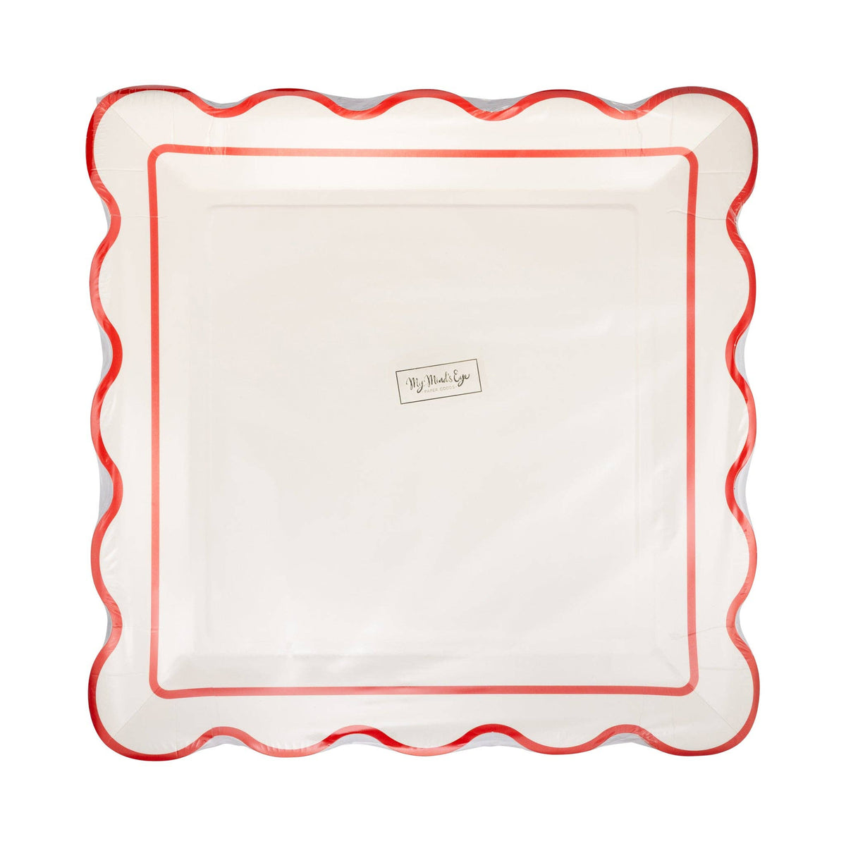 Packaged cream scalloped square plates with My Mind’s Eye label