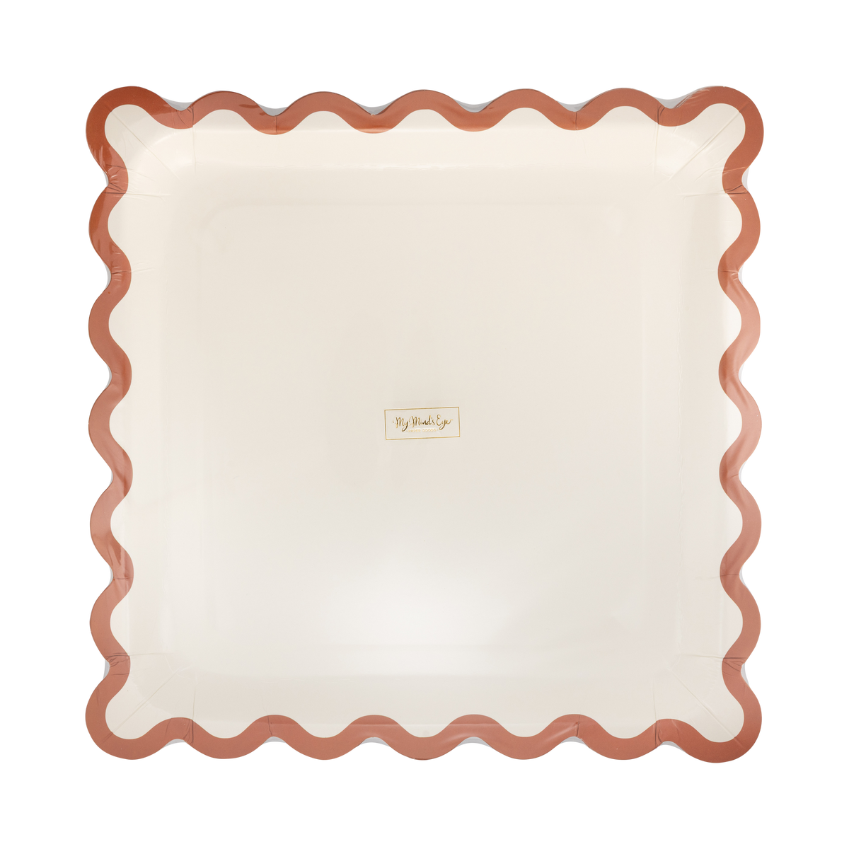 Stack of cream square paper plates showing the rust wavy ric-rac edge, front view.