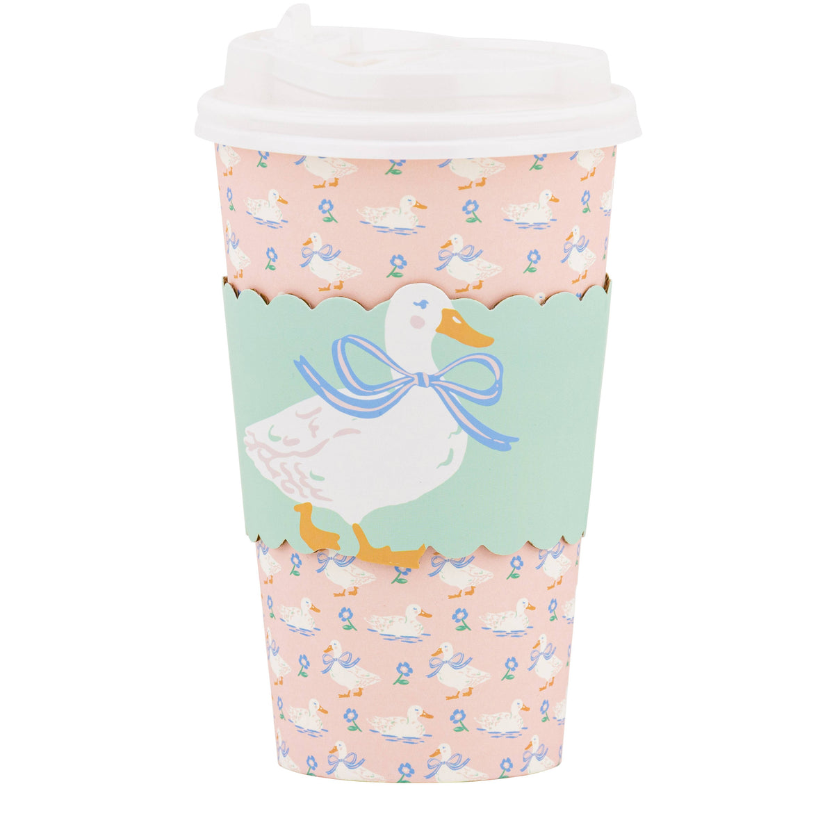 A single 16oz paper to-go cup featuring a pink duckling print, a mint green scalloped sleeve with a duck illustration, and a white plastic lid.