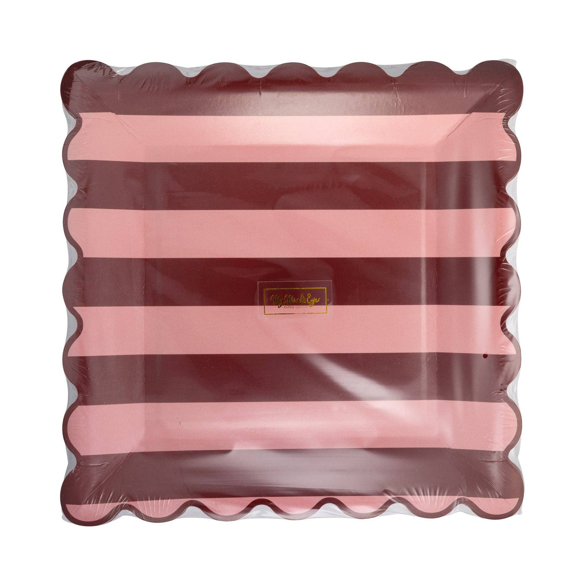 Packaged Pink & Burgundy striped scalloped plates sealed in clear wrap