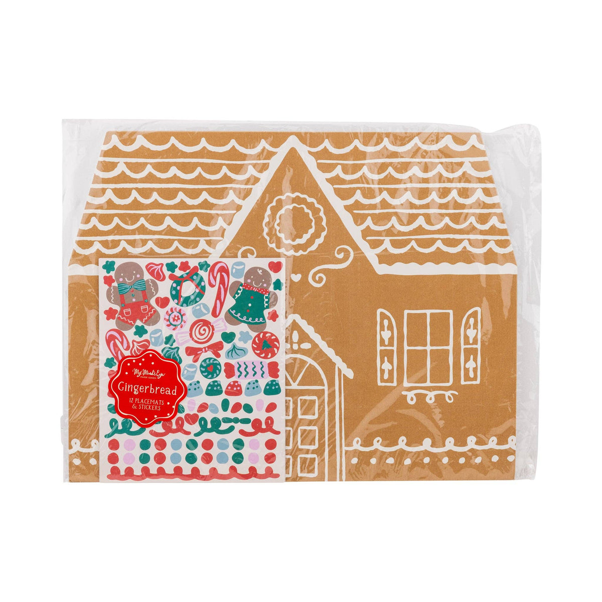 Front packaging of Gingerbread Placemats With Stickers featuring a gingerbread house design and colorful holiday stickers.