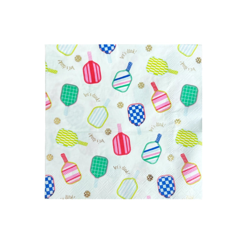 Isolated square napkin covered in multicolor pickleball paddles and gold balls.