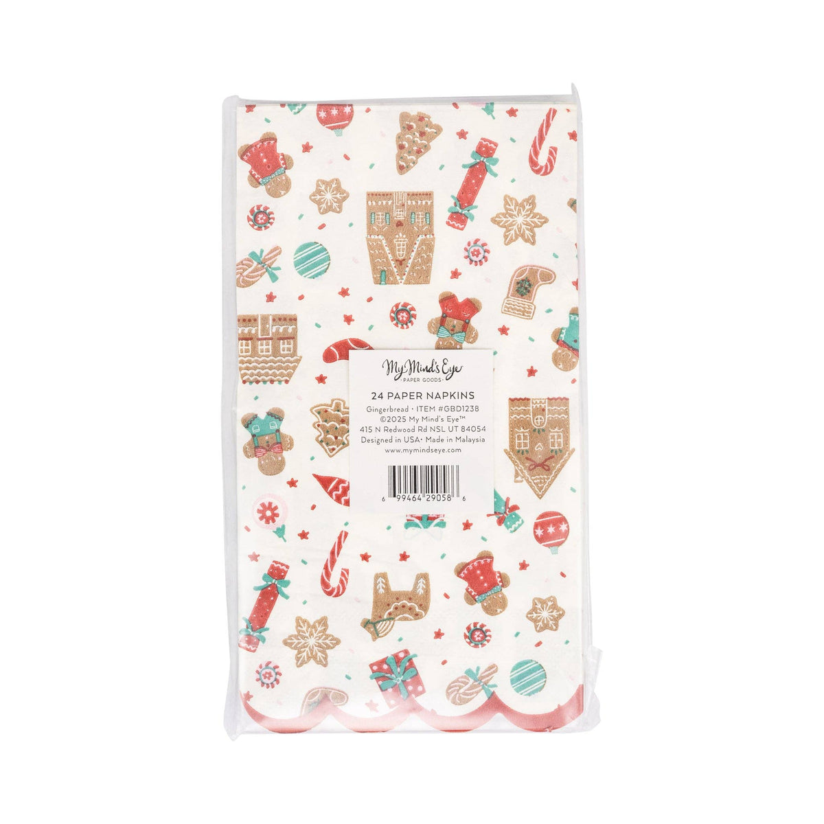 Back view of the Gingerbread Pattern Dinner Napkin packaging, showing the festive gingerbread print and product label.