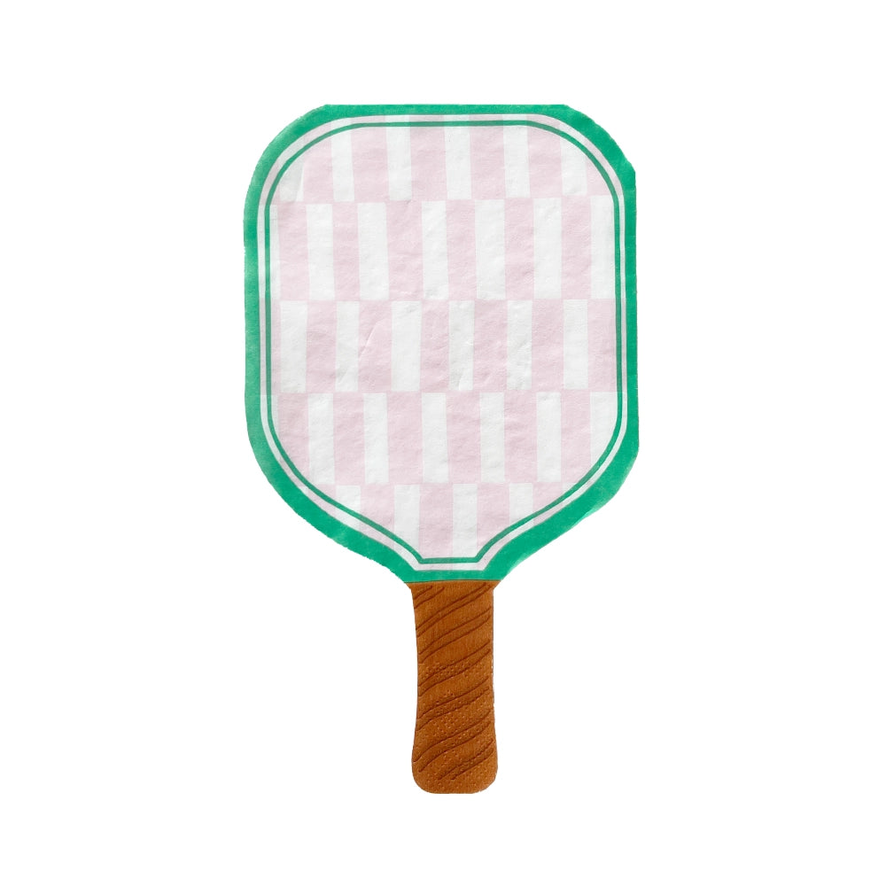 Isolated paddle napkin with blush‑pink gingham face and emerald‑green border, woodgrain handle detail.