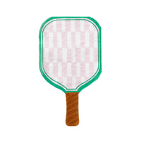 Isolated paddle napkin with blush‑pink gingham face and emerald‑green border, woodgrain handle detail.