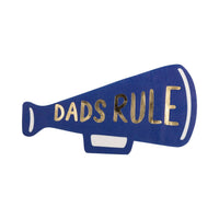 Single Dads Rule megaphone paper cocktail napkin on white background showing gold foil "DADS RULE" lettering on navy blue megaphone shape