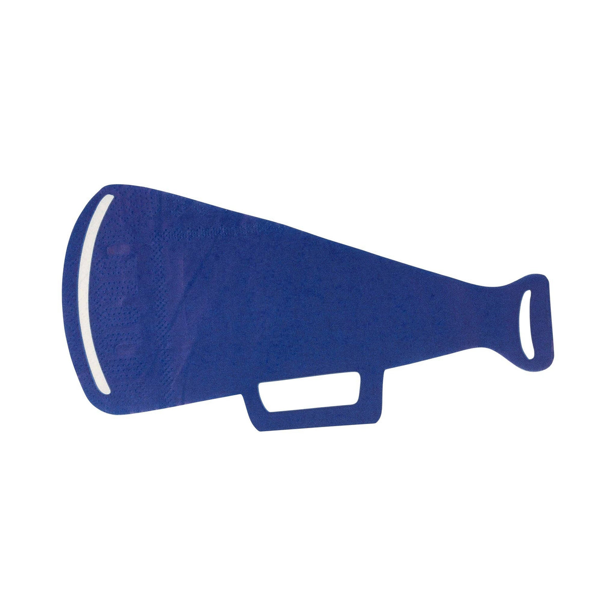 Single navy blue megaphone-shaped paper cocktail napkin on white background showing megaphone silhouette with white accent stripes