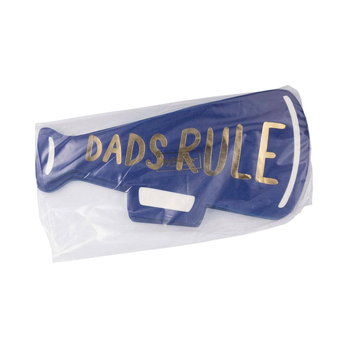 Front of Dads Rule megaphone paper cocktail napkin pack showing navy blue napkin with gold foil "DADS RULE" lettering visible through clear packaging