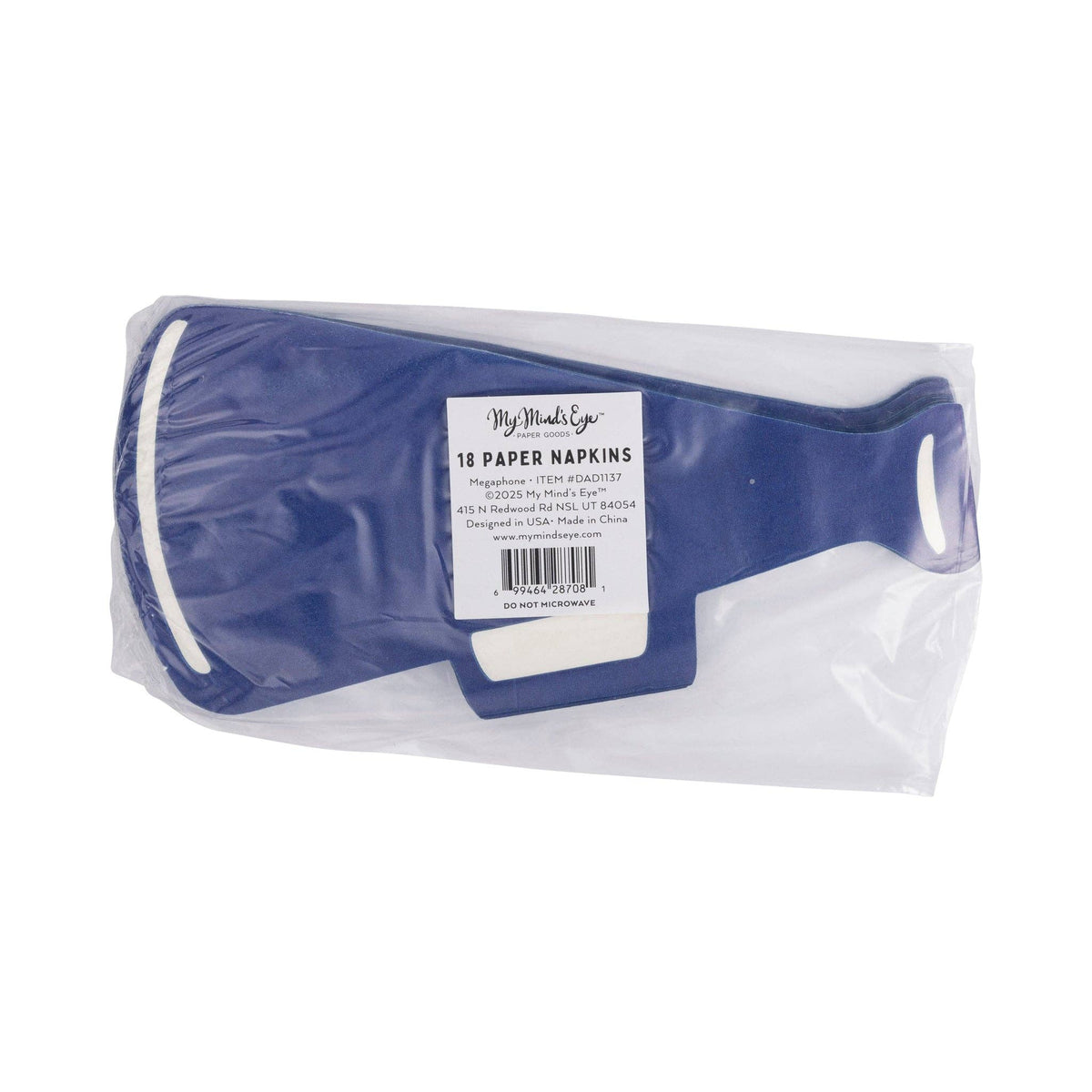 Back of Dads Rule megaphone paper cocktail napkin packaging showing 18 navy blue megaphone-shaped napkins with My Mind's Eye product label