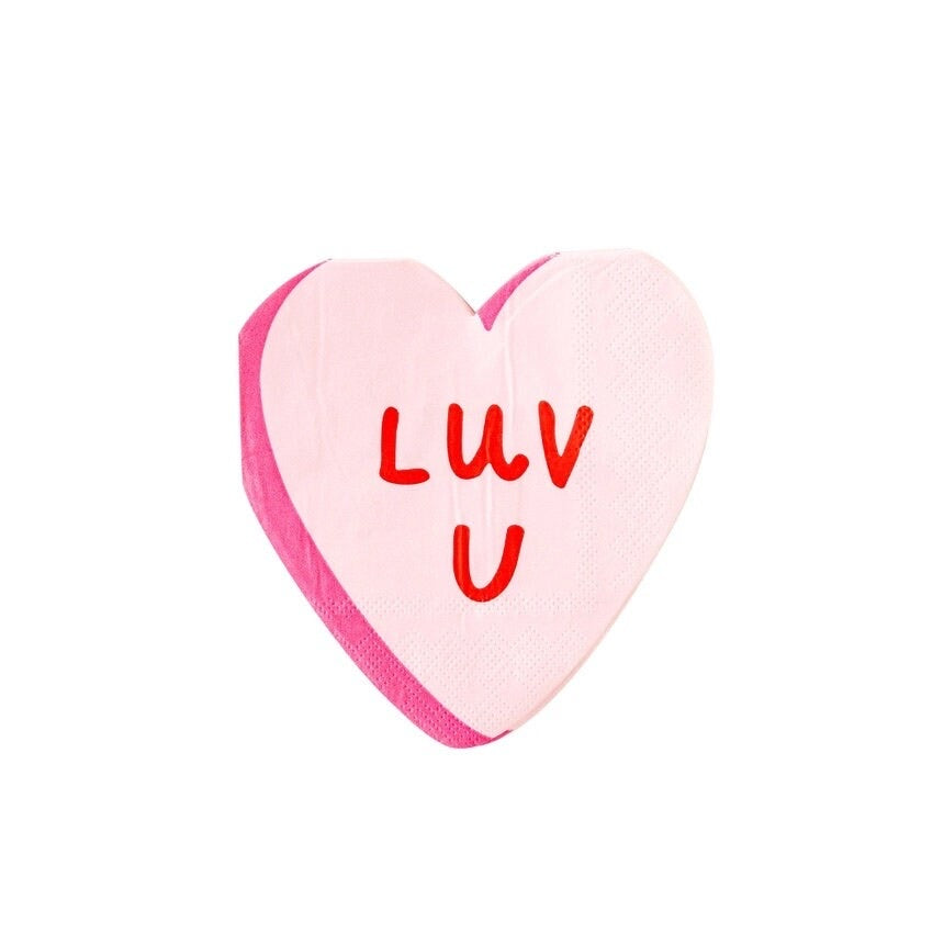 Red and pink paper cocktail napkins shaped like a heart and the words love u; perfect for a anniversary party, bachelorette  or an engagement party