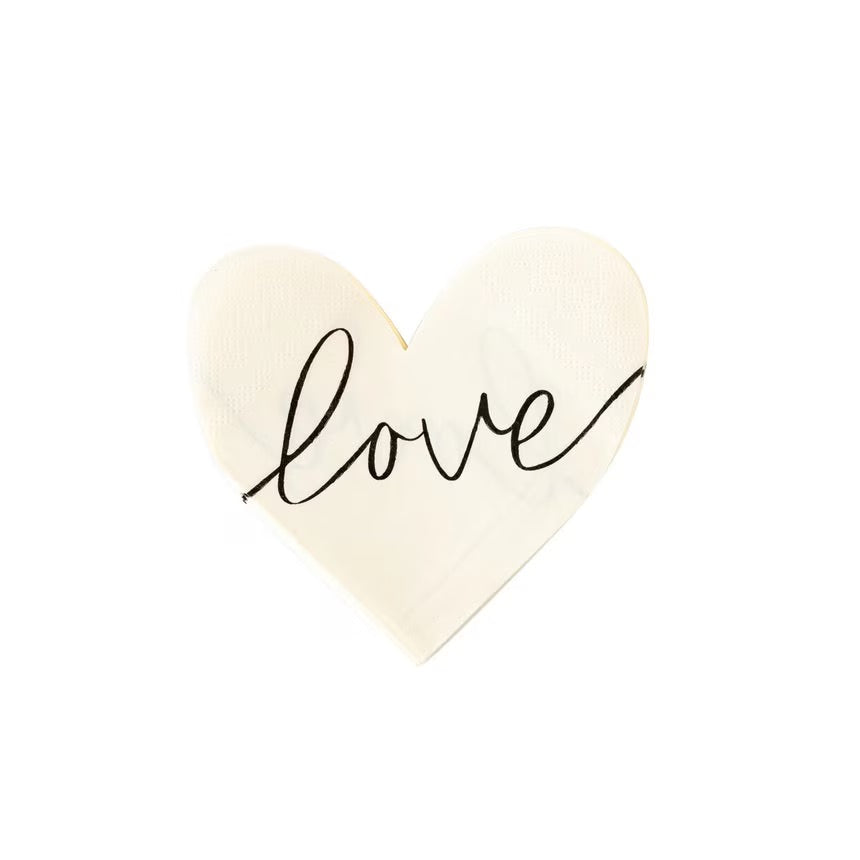 White heart-shaped napkins with black cursive love across the napkin - perfect for an anniversary party, a bridal shower or valentines day