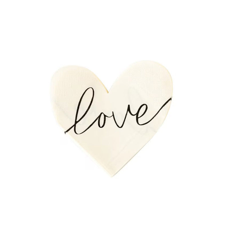 White heart-shaped napkins with black cursive love across the napkin - perfect for an anniversary party, a bridal shower or valentines day