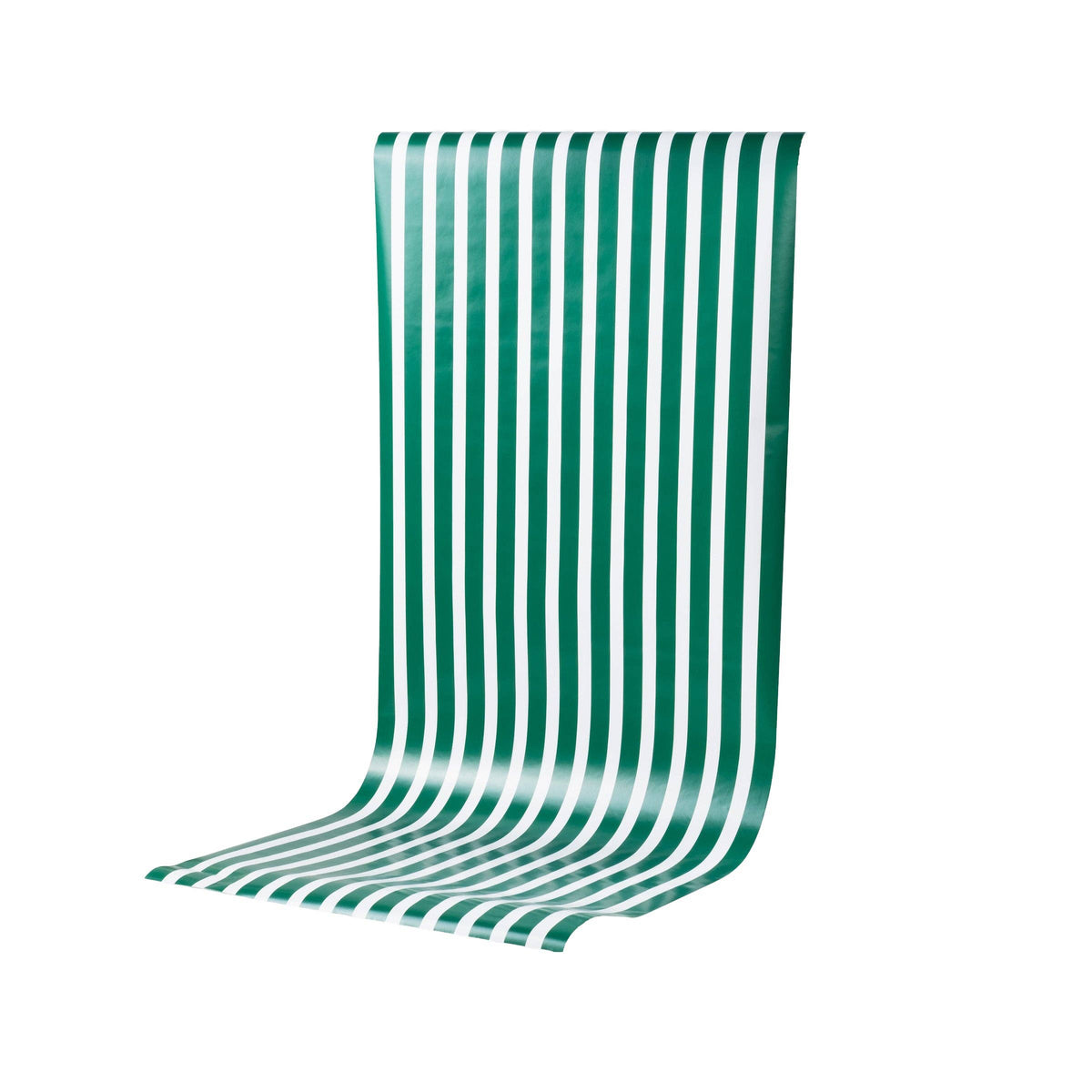 Dark green and white striped paper table runner rolled out on a white background