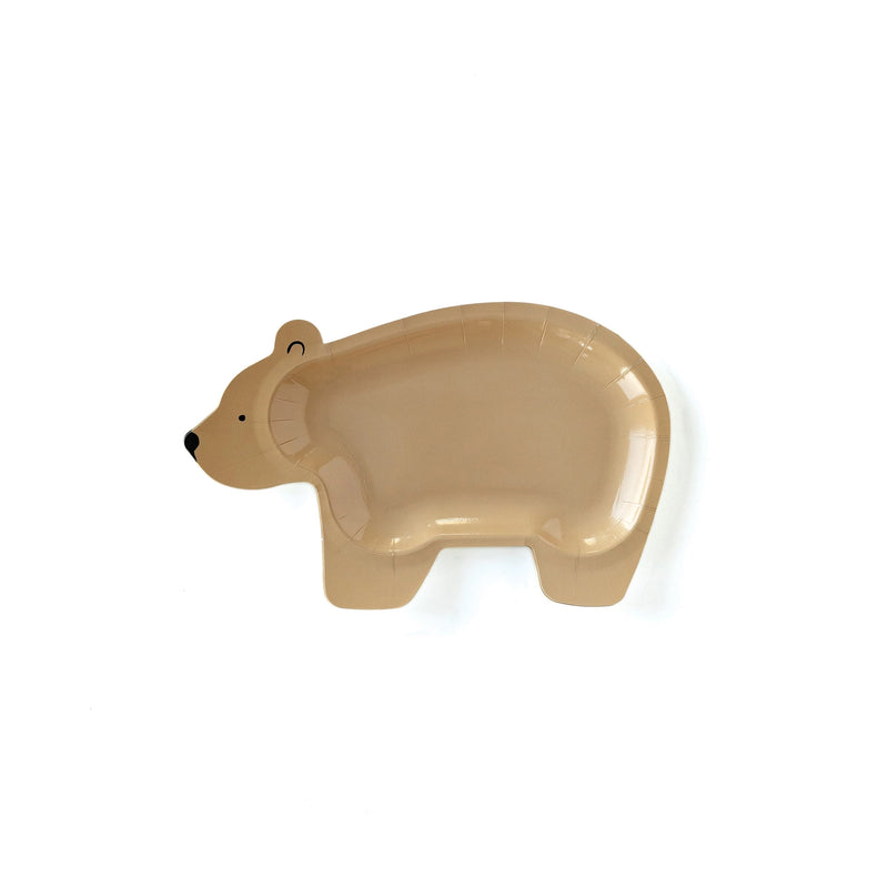 Close-up of a single tan bear-shaped paper plate on white background, showing its full shape and detailing