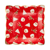 Single Retro Holiday Pattern Paper Plate featuring Santa, reindeer, and trees with gold foil edging.