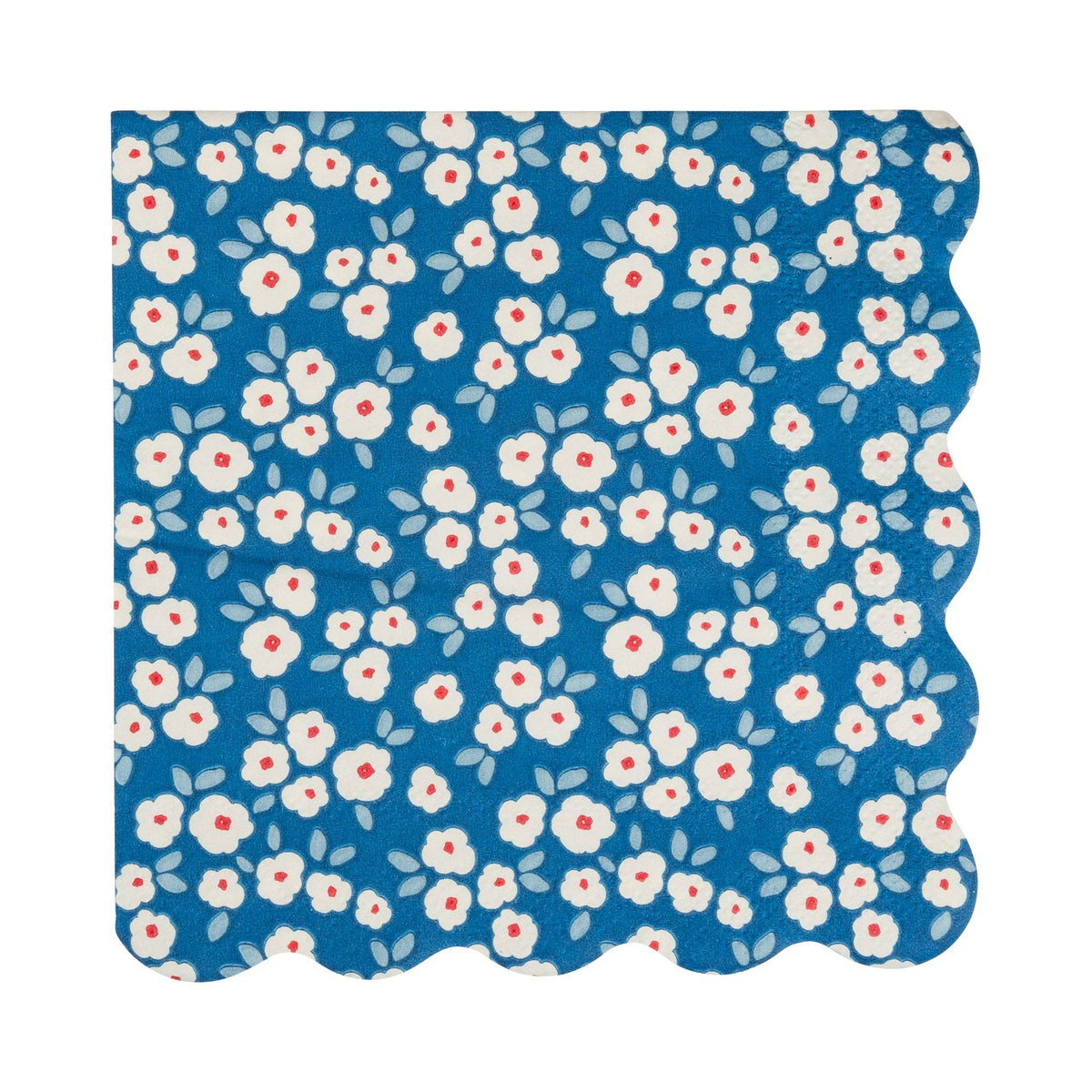 Single deep blue daisy floral paper cocktail napkin flat lay showing white flowers with red centers and scalloped edge