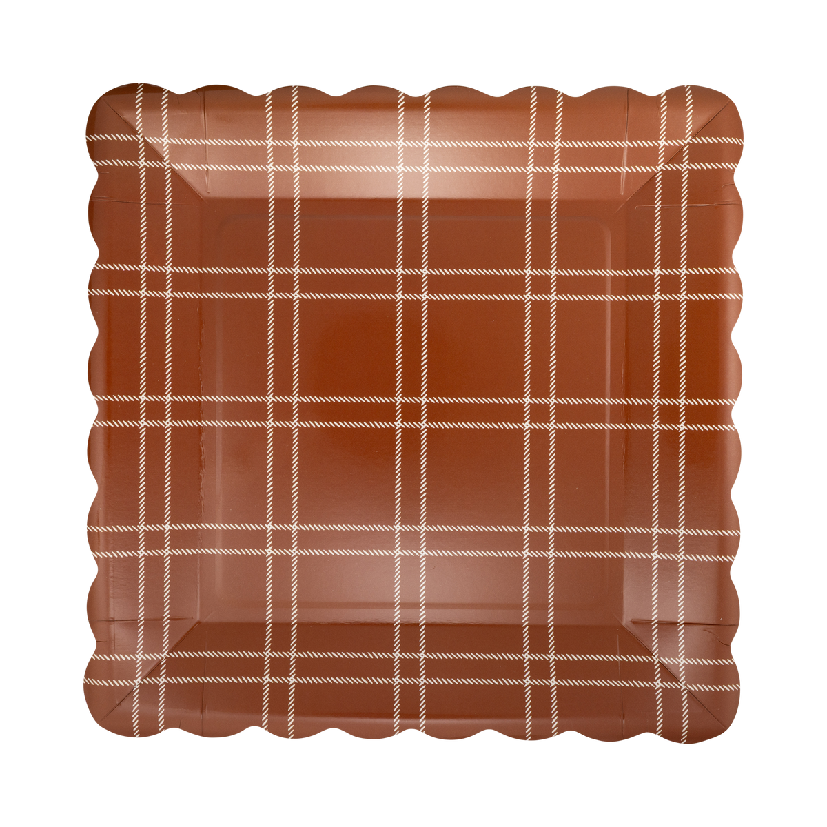 Deep brown windowpane square paper plate in brown and cream with a wavy edge, front view.