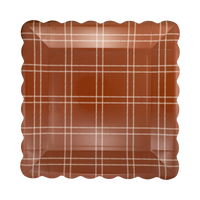 Deep brown windowpane square paper plate in brown and cream with a wavy edge, front view.