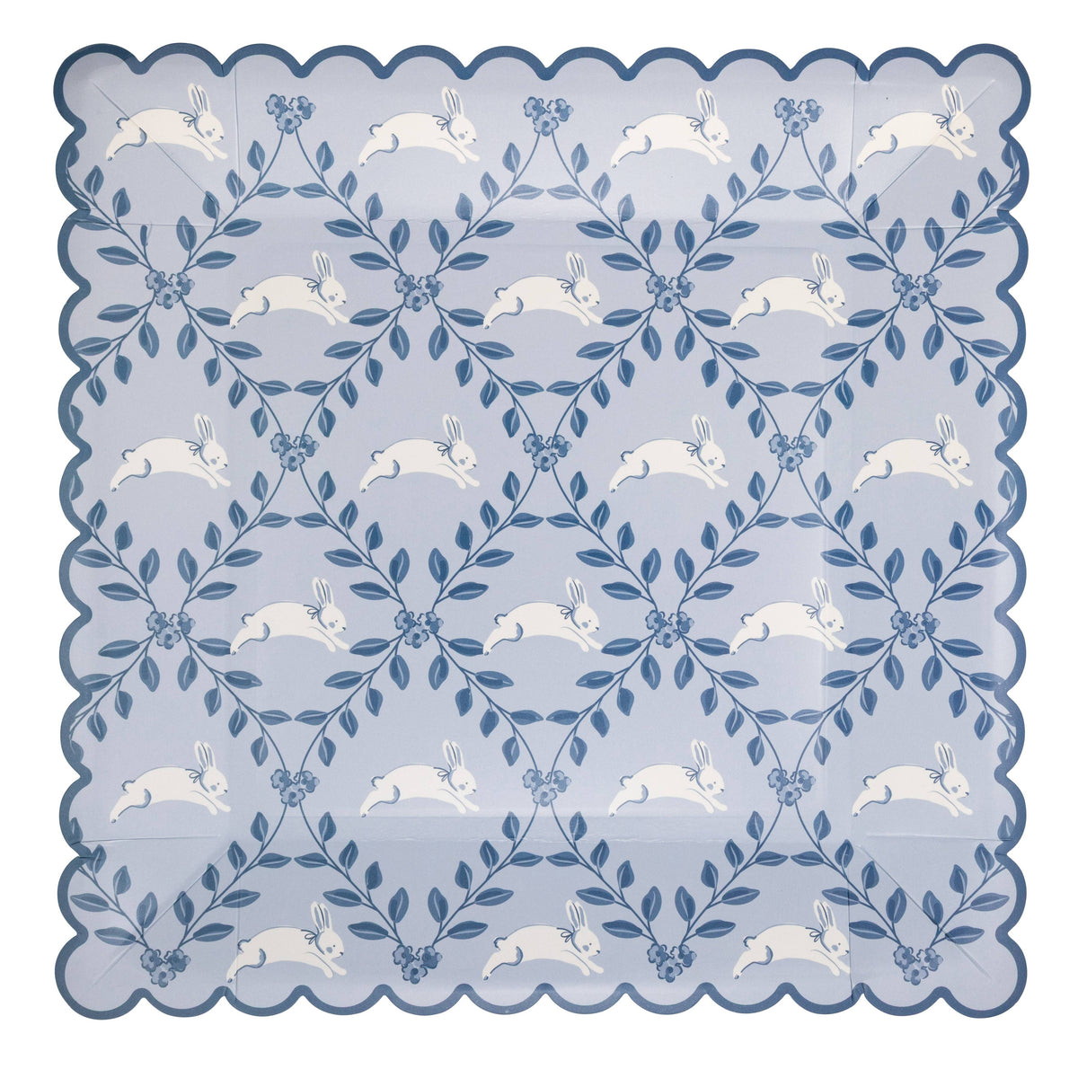 Blue diamond bunny pattern square paper plate with scalloped edge