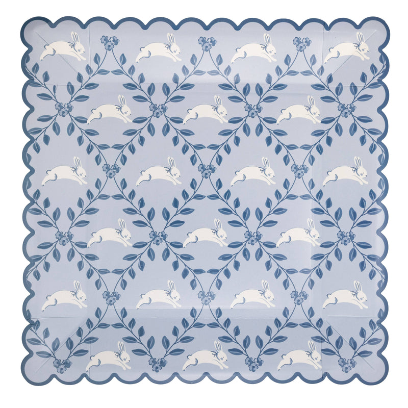 Blue diamond bunny pattern square paper plate with scalloped edge