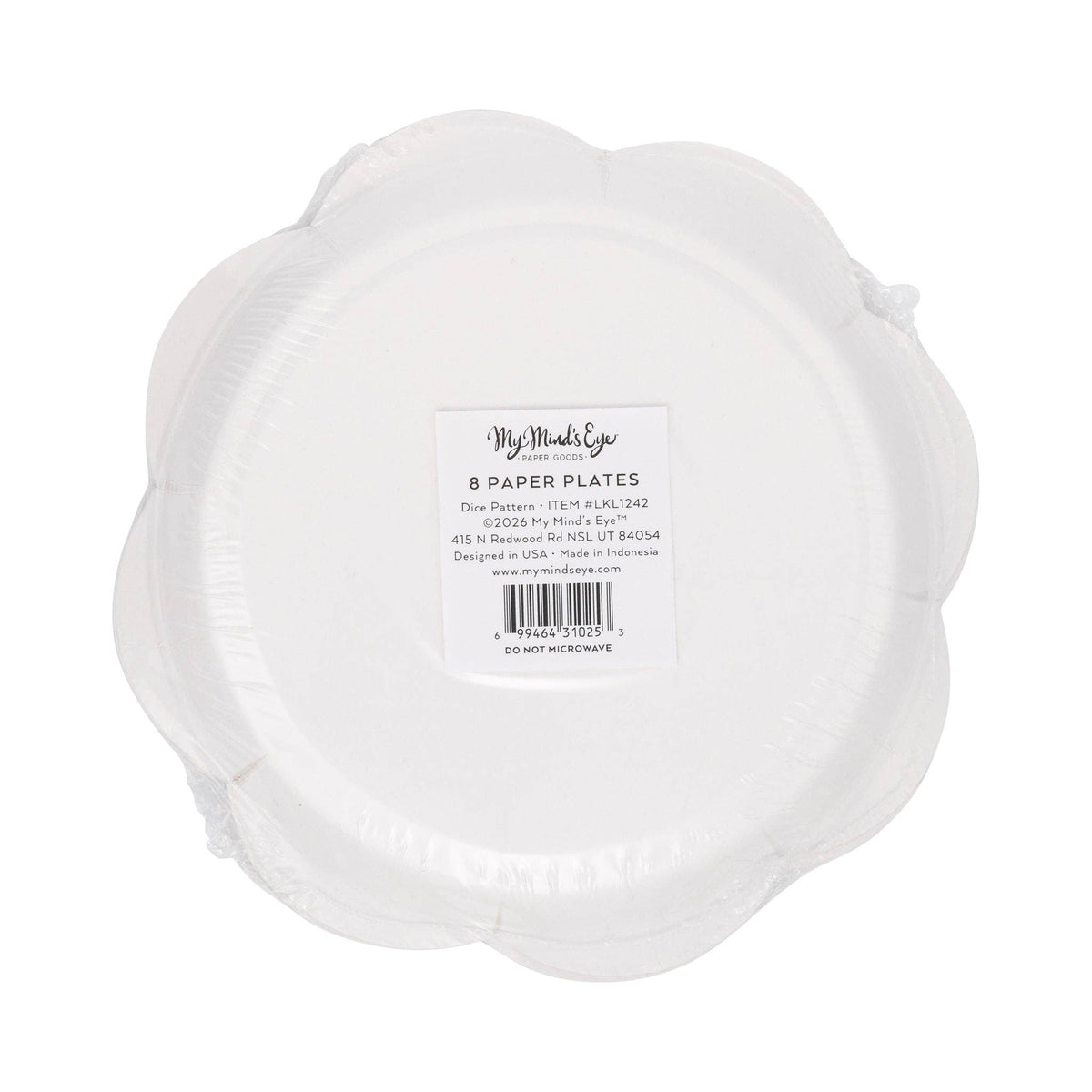 Back view of scalloped paper plate packaging with product label