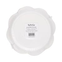 Back view of scalloped paper plate packaging with product label