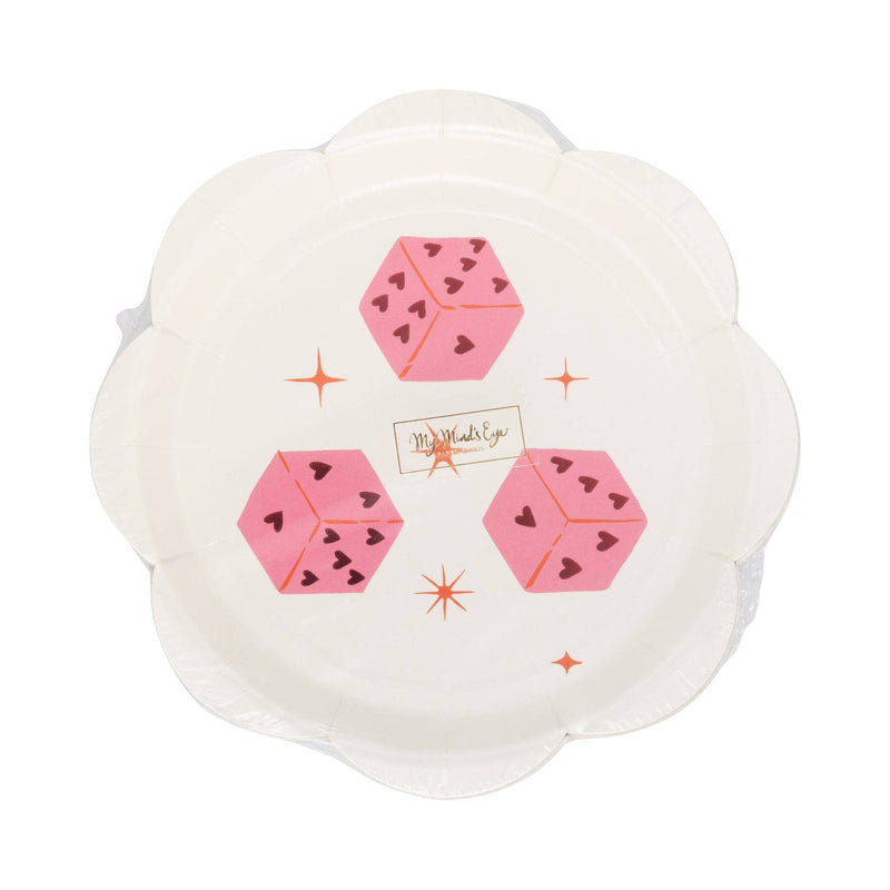 Scalloped plates featuring three pink heart dice and star accents in packaging