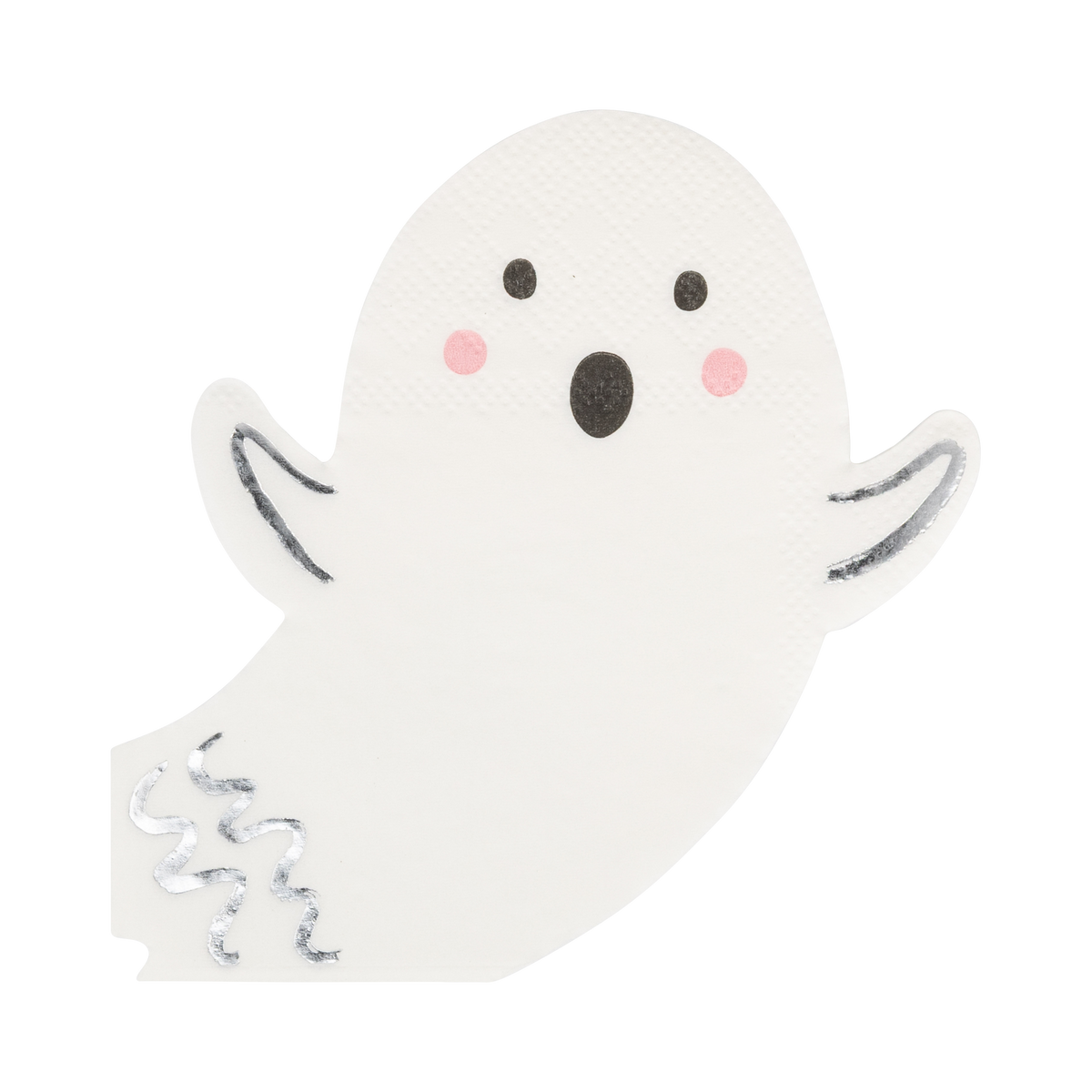 Top-down view highlighting the silver foil stamped details and die-cut edges of the spooky friends paper ghost napkin.