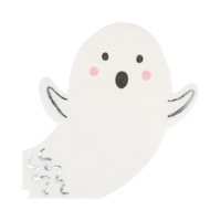 Top-down view highlighting the silver foil stamped details and die-cut edges of the spooky friends paper ghost napkin.