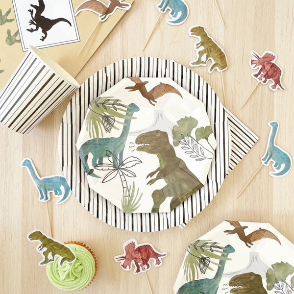 dinosaur dessert plate styled with party cups and dinosaur toppers
