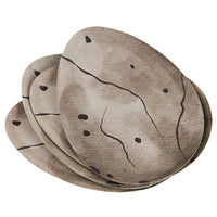 Stack of dinosaur egg shaped paper plates with cracked egg design
