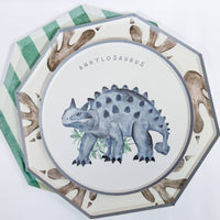 Dinosaur footprint plate layered with ankylosaurus plate and green plate