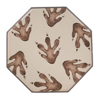 Octagonal dinosaur footprint paper plate with brown track design

