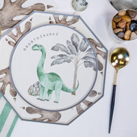 Dinosaur footprint plate styled with dinosaur dinner plate and party setup
