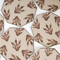 Multiple dinosaur footprint plates arranged in a pattern
