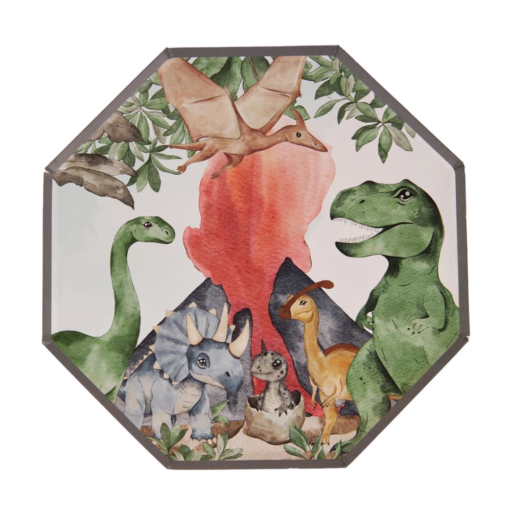 Alt Text: Octagonal paper plate with watercolor dinosaur and volcano scene