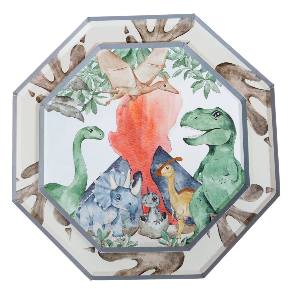 Alt Text: A smaller dinosaur plate stacked on top of a larger footprint themed plate