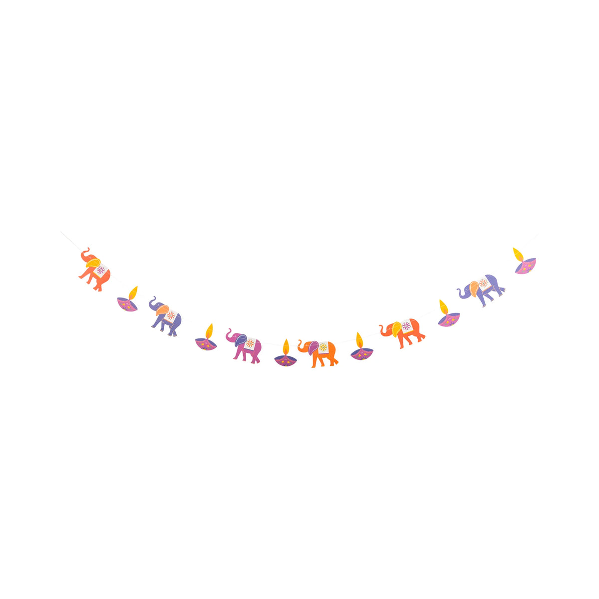 Full 6-ft Diwali banner with alternating elephants and diyas on twine—reusable party supplies.