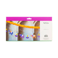 Packaged Diwali banner showing elephants and diyas hung as diwali party decorations.