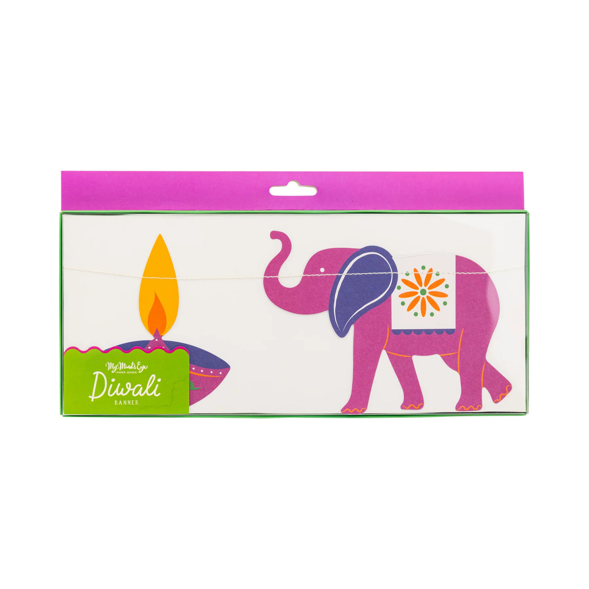 Front of Diwali Banner set—colorful elephant and diya icons on string, ready to hang.