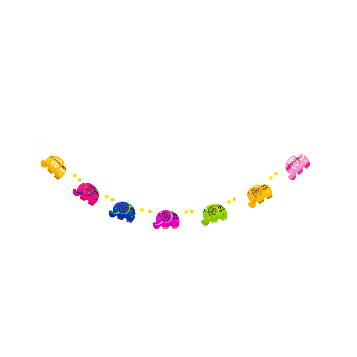 Full 5-ft elephant banner on twine with yellow pom-poms—Diwali party supplies.