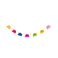 Full 5-ft elephant banner on twine with yellow pom-poms—Diwali party supplies.